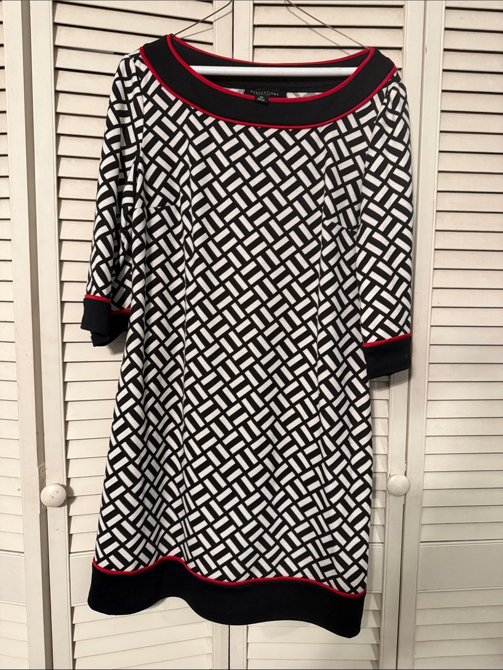 Perceptions Black and White Geometric Midi Dress with Red Trim